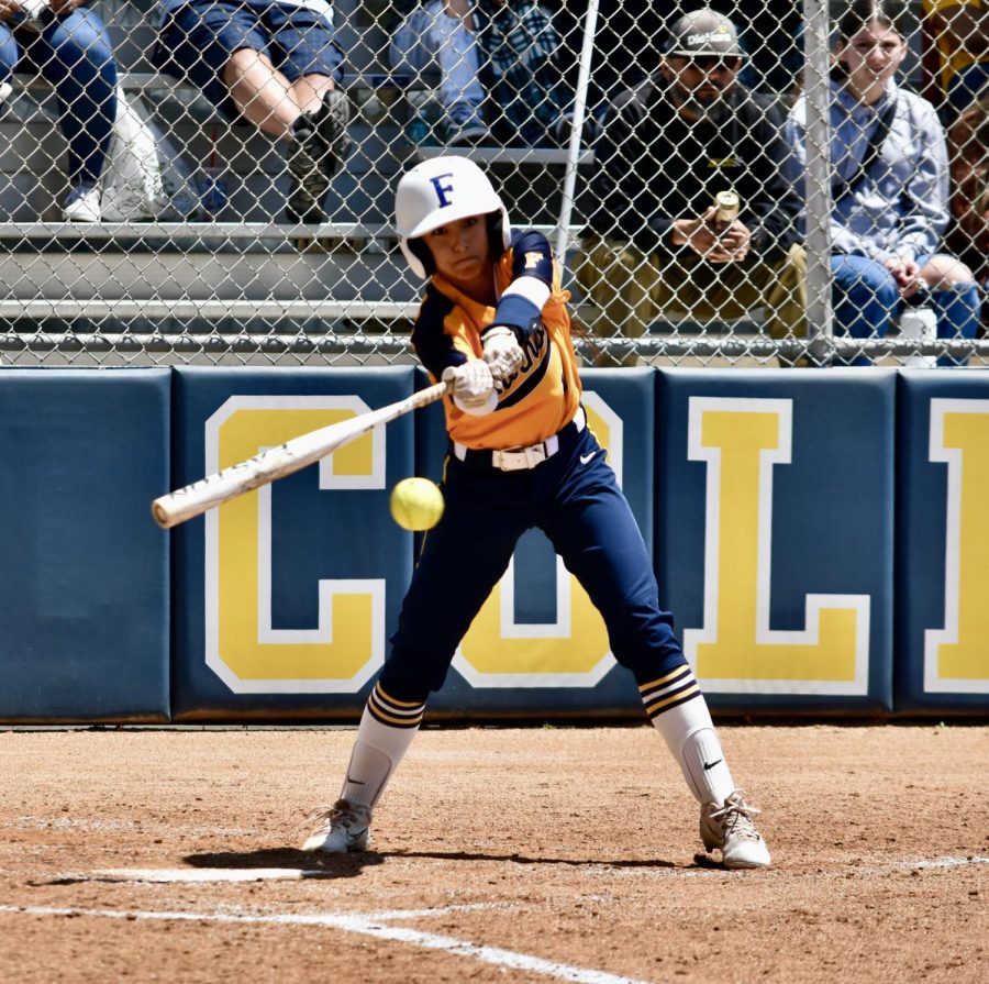 Freshman outfielder Coco Siono singled to outfield during the fourth inning of Saturdays home game win on May 6, 2023. Photo credit: Gerardo Chagolla