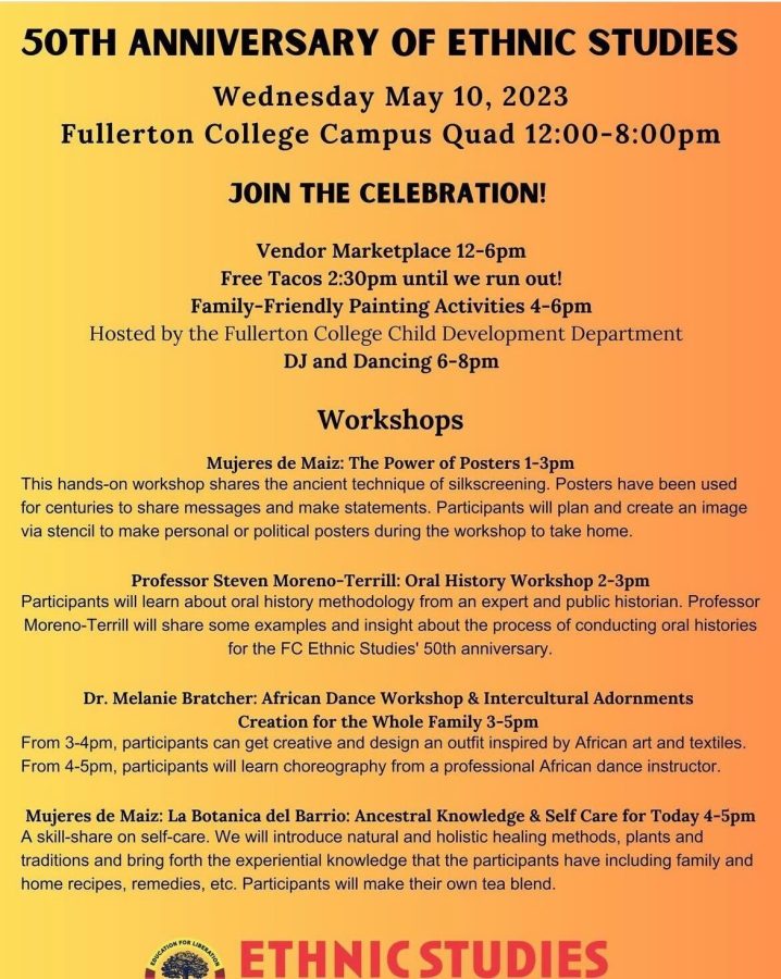 Ethnic studies celebration workshops on Wednesday, May 10, 2023, on the Fullerton College quad from 12 - 8 p.m.