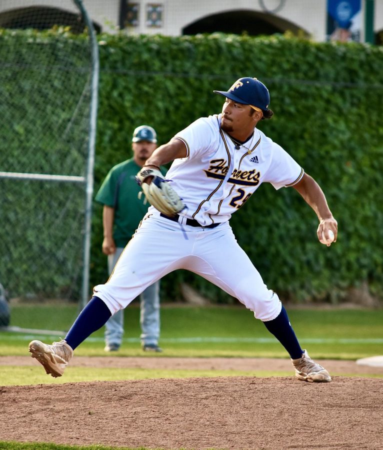 Sophomore closer LHP Nathan McManus puts the game on ice for the Hornets at home, securing their 8-4 win over ELAC on Thursday, May 11, 2023. Photo credit: Gerardo Chagolla