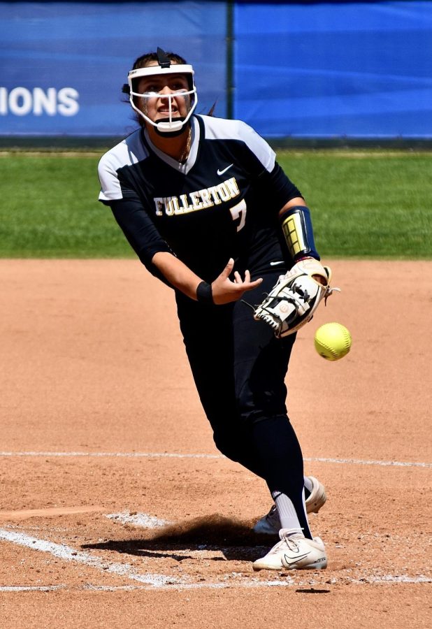 Freshman pitcher Allyson Fuentes pitched a winning game on Friday, May 12, 2023, at Cerritos for Game 1 of the Super Regionals. Photo credit: Gerardo Chagolla