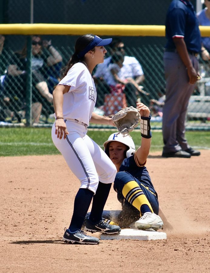 Sophomore+outfielder+Alyssa+Caulford+advances+to+second+on+a+throw+during+the+second+inning+of+game+two+at+Cerritos+College+on+Saturday%2C+May+13%2C+2023.+Photo+credit%3A+Gerardo+Chagolla