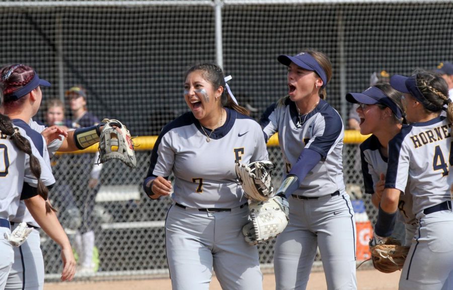 Fuentes shows her passion and excitement as she celebrates with her teammates after SoCal Regionals Game One. She pitched a shutout and struck out four against College of the Canyons at Fullerton College. Photo Credit: Yasmin Sotelo