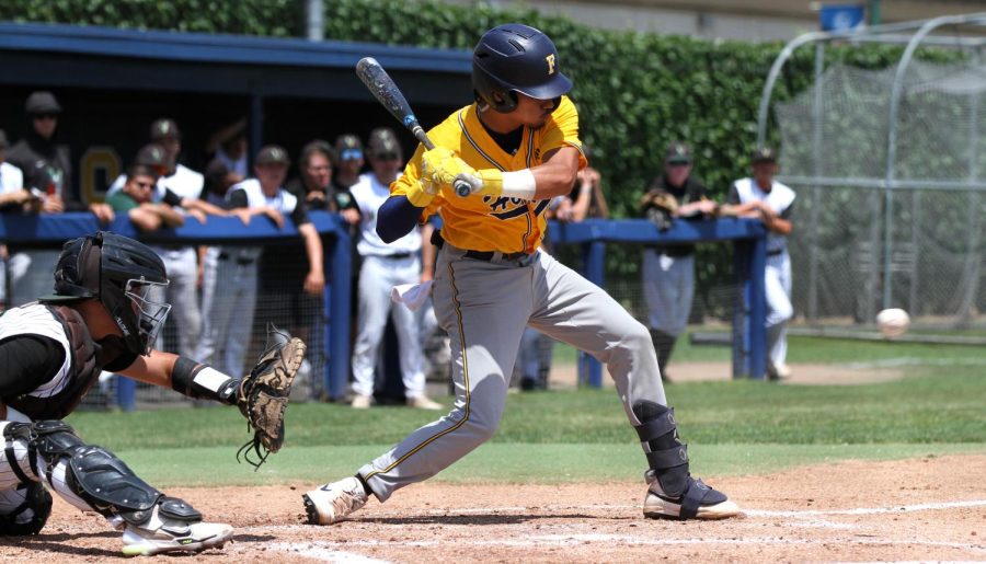 Sophomore Haku Dudoit at bat waited to get that perfect ball to hit down the line at Fullerton College against La Vally on May 13, 2023.