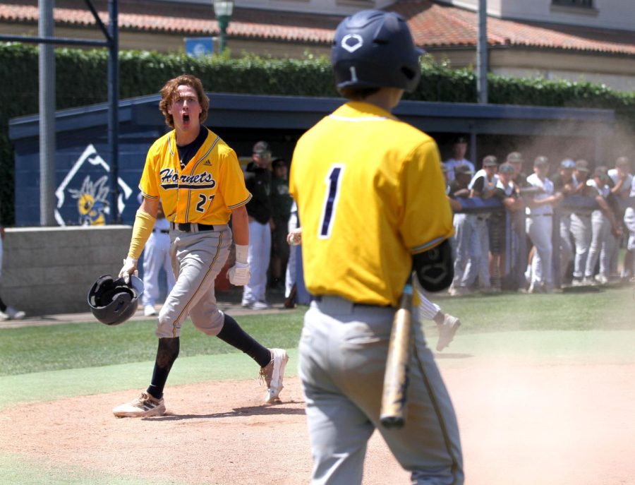 Freshmen Diego Franco scored when Jimmy Blumberg singled to right field, which made it 9-5 at Fullerton College against La Vally on May 13, 2023.