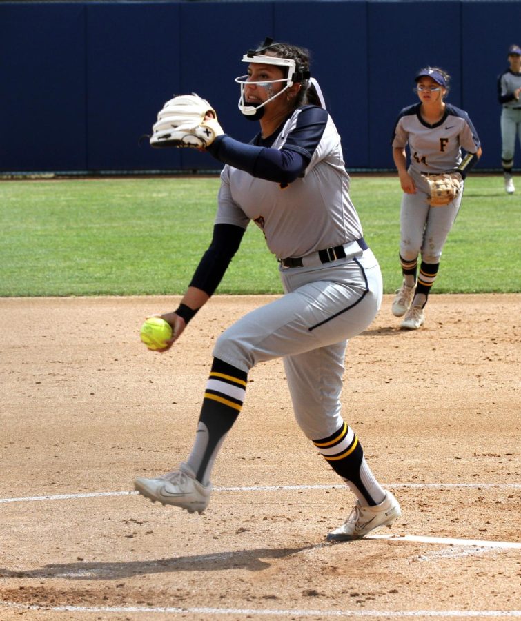 Fullerton starter Allyson Fuentes throws a pitch in the circle. She threw seven innings allowed no runs in at home on Friday May, 05 2023.