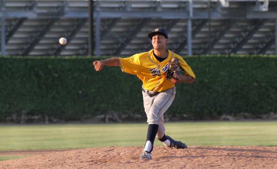 Sophomore Michael Curatolo Fullerton closer for the night he pitch for six inning gets the save for this game at Fullerton College again La Vally on May 13, 2023.