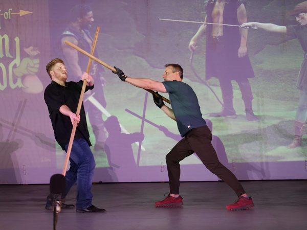 Actors Wyatt Logan and Michael Polak capture the audience with their fighting skills during a sneak peek of Heart of Robin Hood on Tuesday, Aug. 29, 2023.