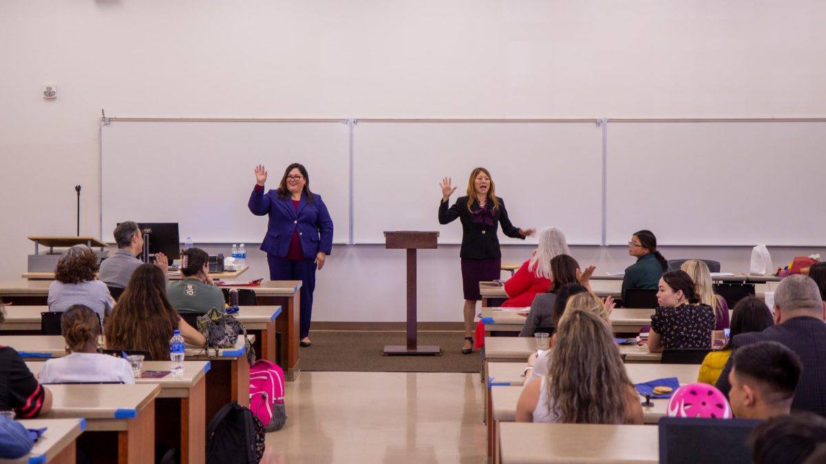 Fullerton College President Cynthia Olivo (left) introduces California State Treasurer Fiona Ma (right) to the public present at the Perspectives on Women in Leadership event on Wednesday, Sept. 27, 2023. 