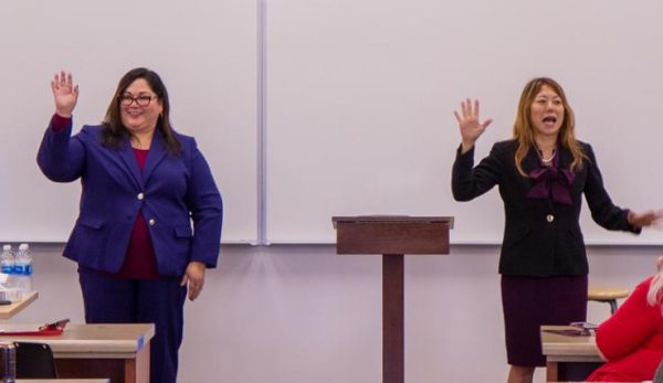 Fullerton College President Cynthia Olivo (left) introduces California State Treasurer Fiona Ma (right) to the public present at the Perspectives on Women in Leadership event on Wednesday, Sept. 27, 2023. 