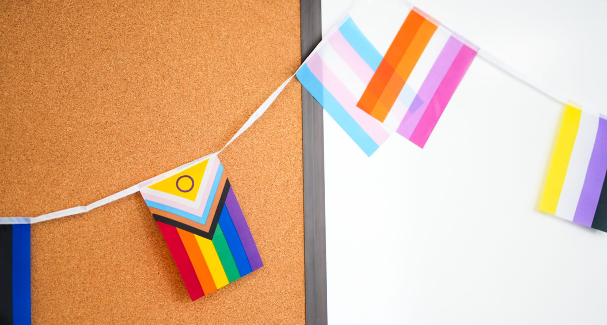 Pride flags decorate the room at the Queer Social: Bi and Pan Mixer on Wednesday, Sept. 20, 2023.