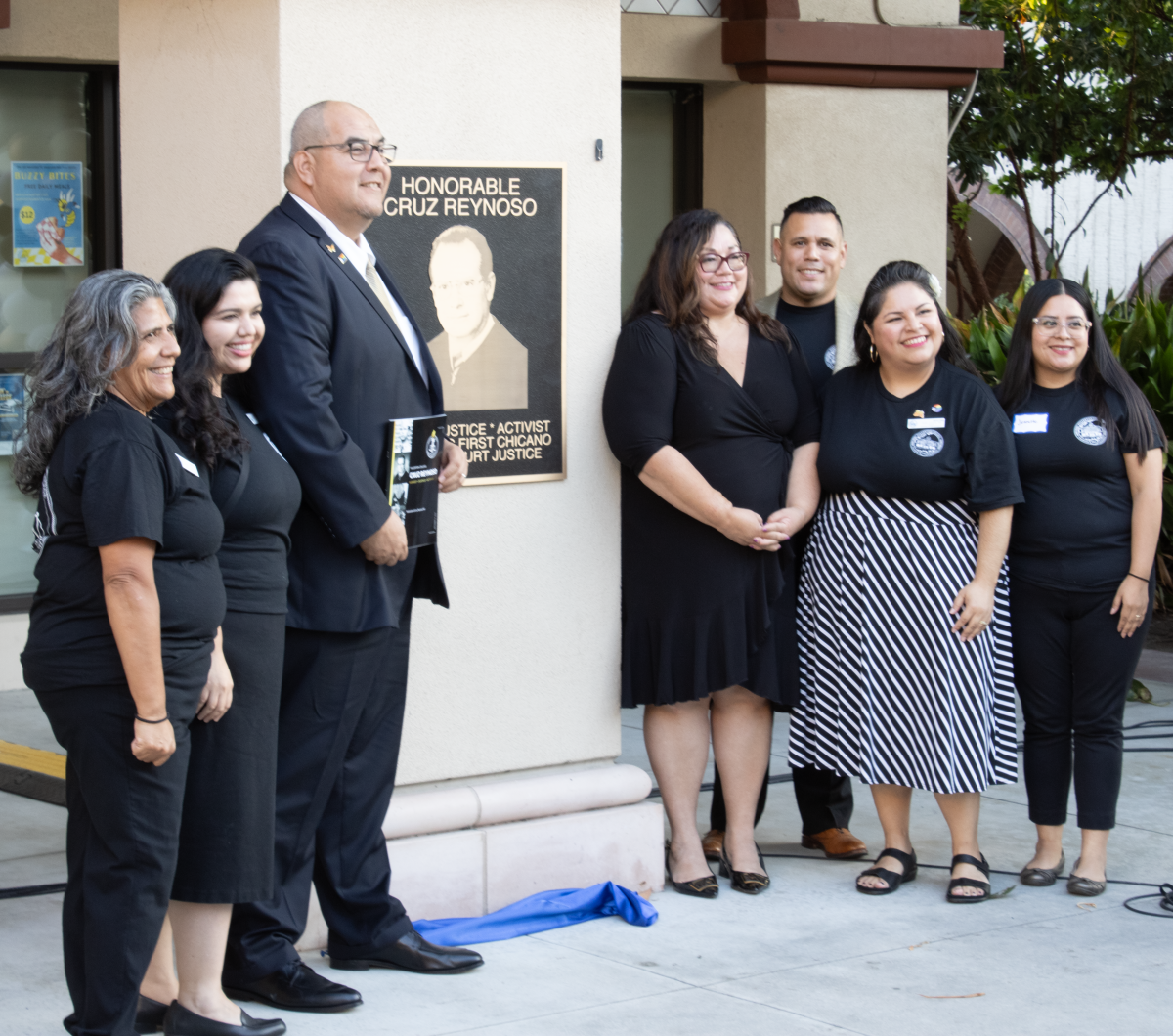 (From left to right) Monica Ernandez, Connie Moreno Yamashiro, Gilbert Contreras, Cynthia Olivo, Carlos Ayon, Citlally Santana, and Jeanette Rodriguez. This group of Faculty members organized the final celebration of the Cruz Reynoso Hall  on Thursday, Sept. 14, 2023.