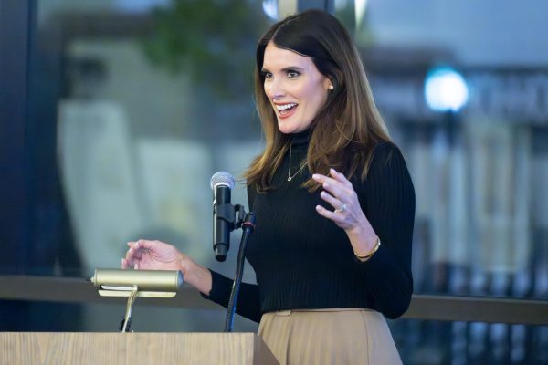 Current US Senate candidate and news anchor Christina Pascucci gives her speech at The Hornet Centennial dinner on Thursday, Oct. 12, 2023. Pascucci is part of the advisory committee of the Fullerton College Journalism program. 