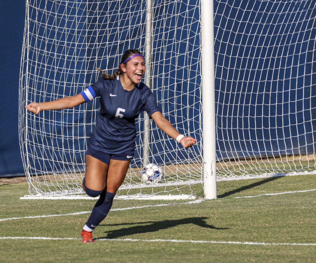 Hornet’s sophomore midfielder Sheccid Carrillo celebrates as she scores her second goal of the game on Oct. 3, 2023.