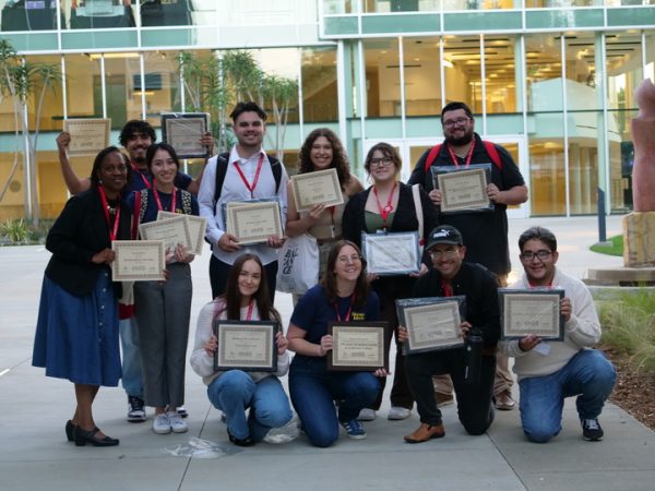 Staff members of The Hornet Newspaper and Inside Fullerton Magazine pose with their JACC awards at the Southern California Regional Conference for college journalists at California State University, Northridge on Saturday, Oct. 21, 2023.