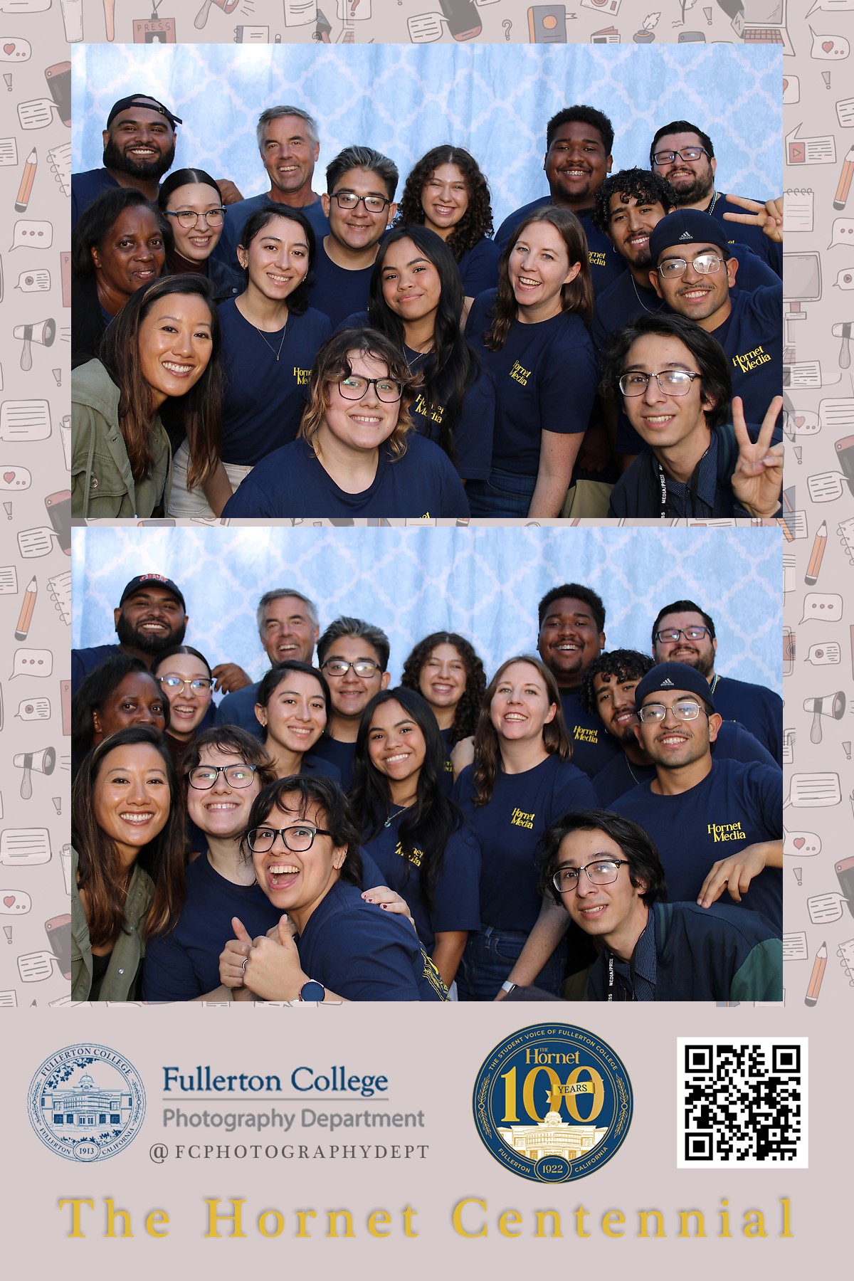 Hornet staffers pose at the photography departments photo booth at The Hornets centennial celebration in the Fullerton College quad on Oct. 11, 2023.