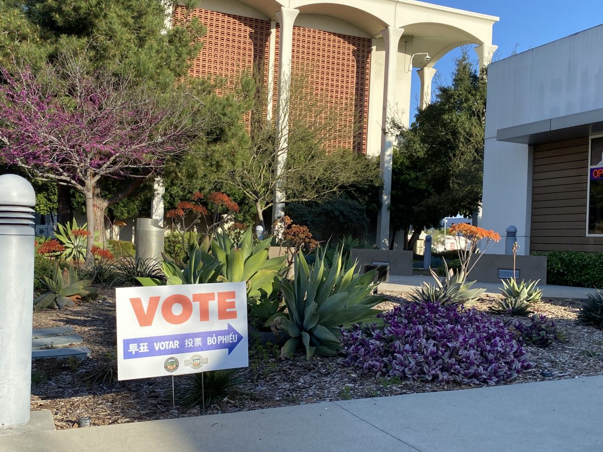 A sign directs people were to vote on the voting center at the Fullerton public library on election day on Tuesday, March 5.