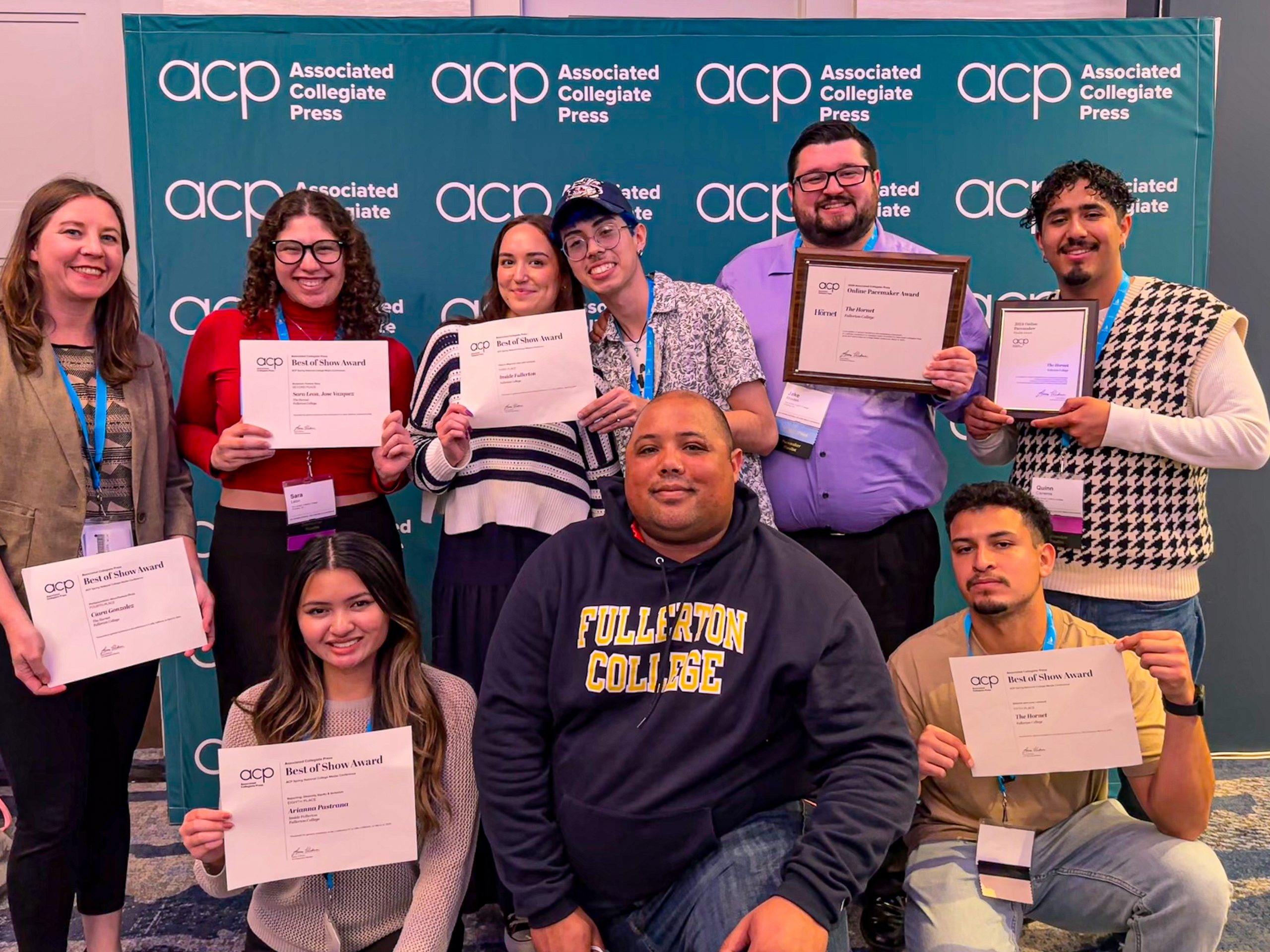Students from The Hornet and Inside Fullerton pose with their ACP awards at the JACC/ACP Spring National College Media Conference in La Jolla, San Diego on Saturday, March 9, 2024.