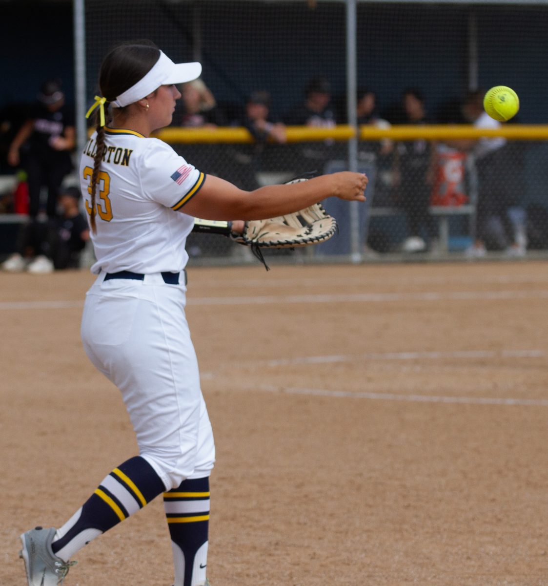 Hornet+freshman+first+baseman+Veronica+Moore+throws+the+ball+around+the+infield+at+home+against+Santa+Ana+College+on+Tuesday%2C+April+24%2C+2024.