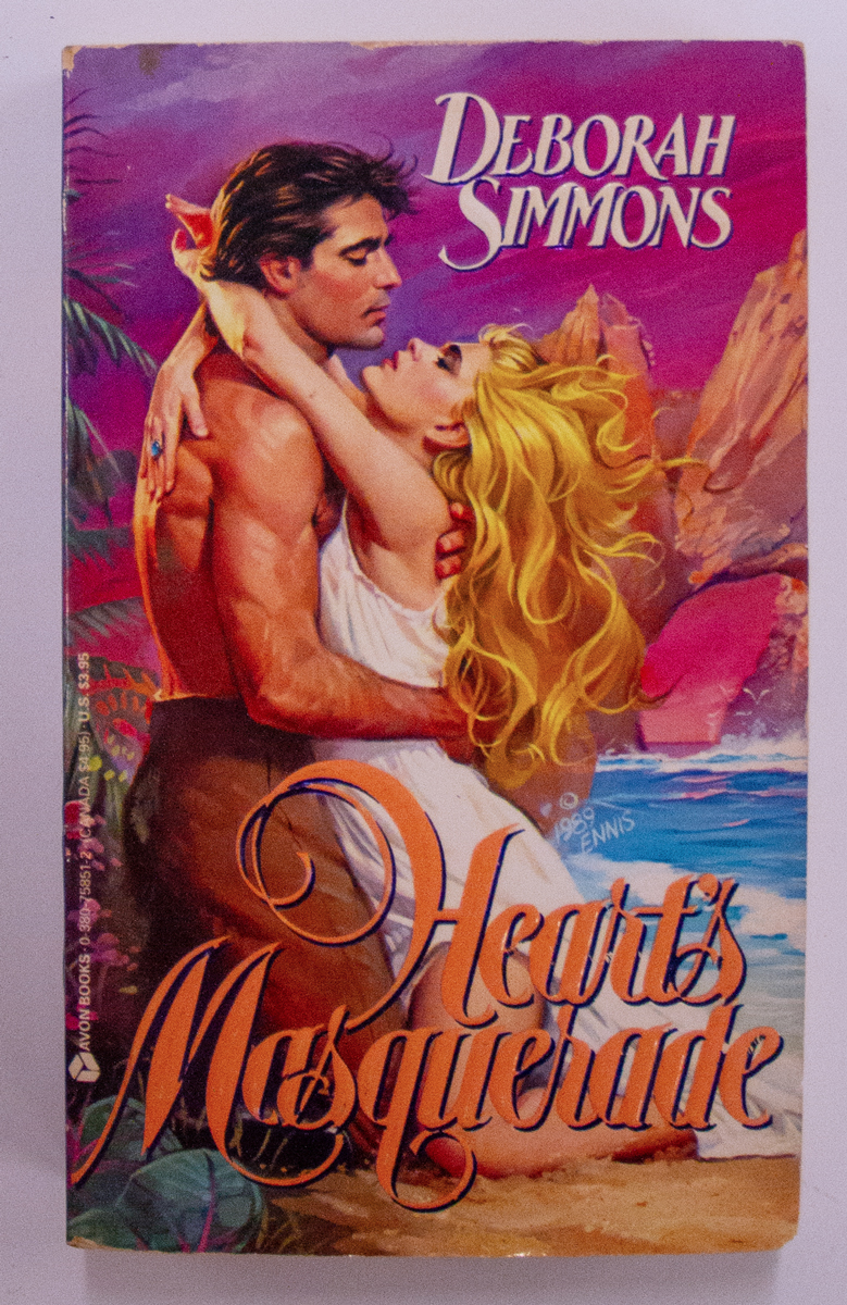 The clinch cover, as used on the cover of Deborah Simmons 1989 romance novel Hearts Masquerade, was an iconic style of cover art that dominated the romance book industry all throughout the 80s and 90s. 