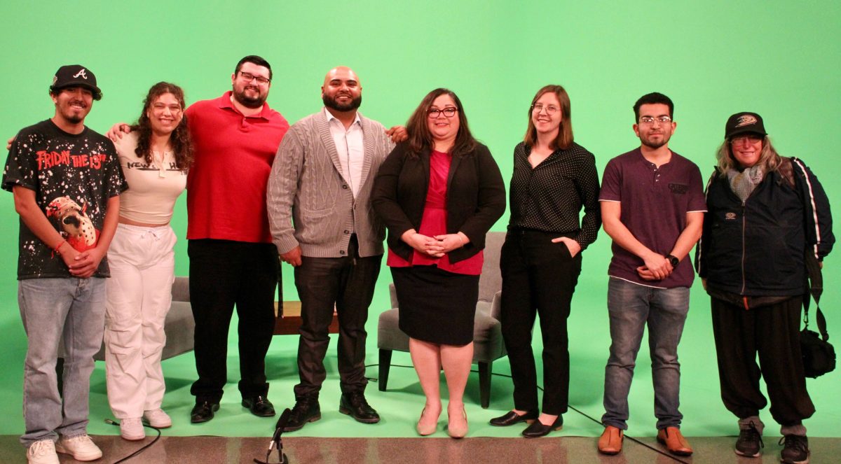 Editors and reporters for The Hornet pose with Fullerton College President Cynthia Olivo and adviser Jessica Langlois after Olivos sit down interview in the TV Studio with former EIC Gerardo Chagolla.