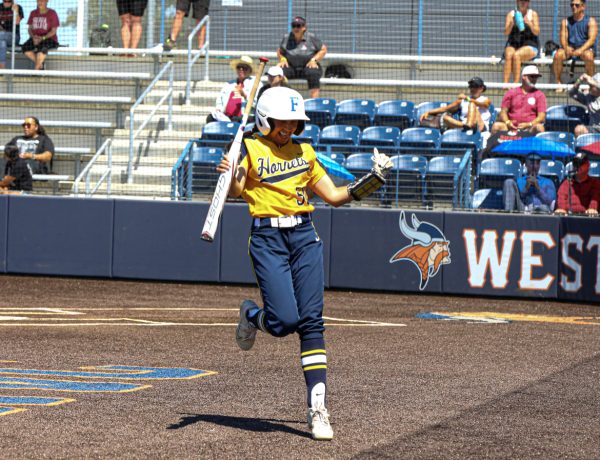 Sophomore outfielder Coco Siono danced her way into the dugout after scoring the games first run against Sierra College on Thursday, May 16, 2024.