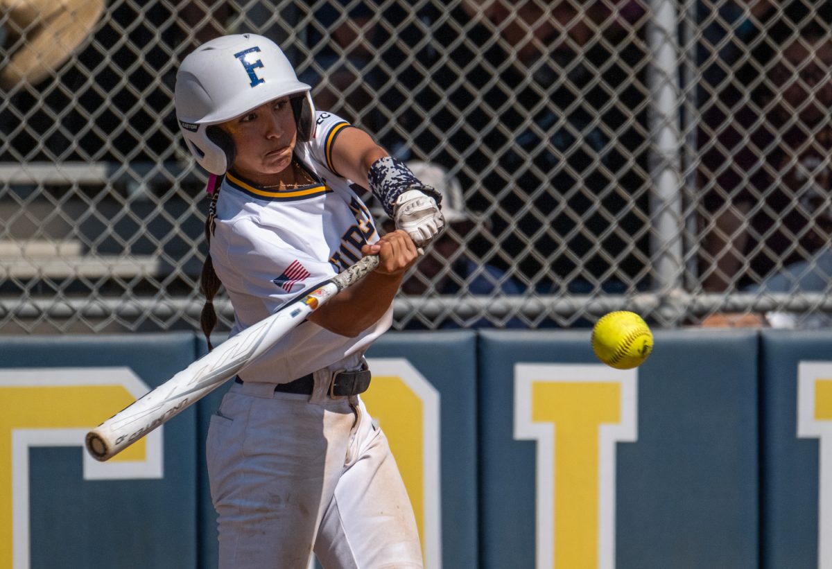 Sophomore outfielder Coco Siono swings at a pitch before earning her second hit for the Hornets during the team’s playoff win against Cerritos College on May 11, 2024.