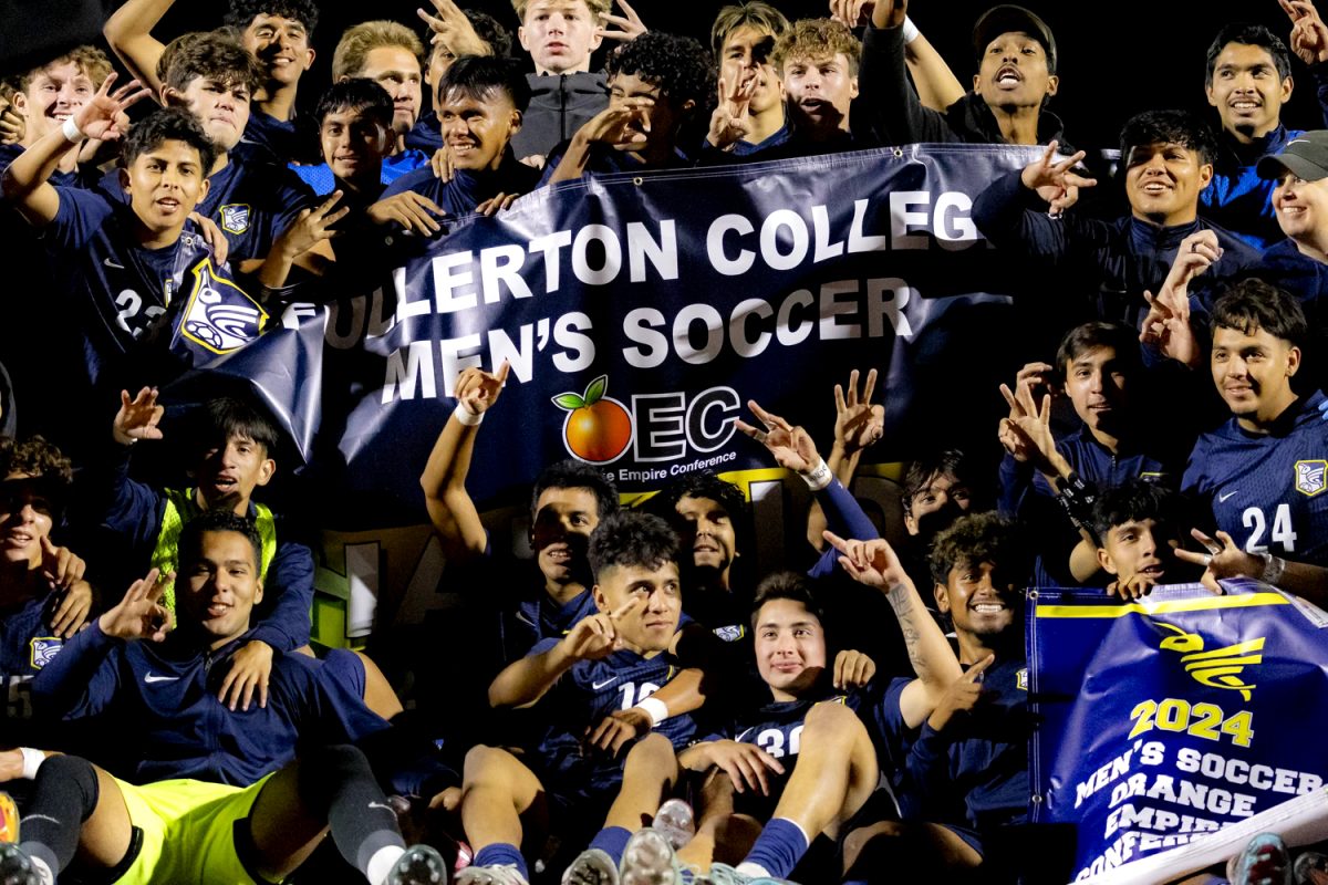 Fullerton College completed a three peat as players gathered around their championship banner to celebrate on Friday, Nov. 8, 2024.