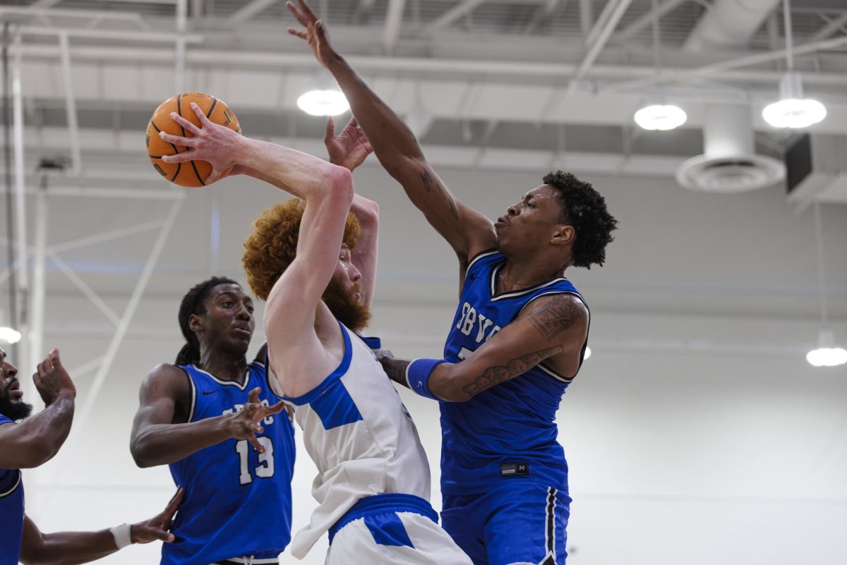 Joe Grahovac is triple-teamed by the San Bernardino Valley College defenders as he is trying to find an open teammate in the semi-final game of the 3C2A State Tournament in Mt. San Antonio College Walnut, Calif. Saturday, March 15, 2025