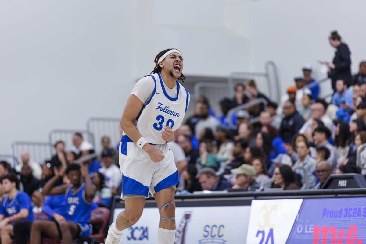 Brayden Smith screams with excitement after giving the Hornets possession of the ball  in the semi-final game of the 3C2A State Tournament in Mt. San Antonio College Walnut, Calif. on Saturday, March 15, 2025