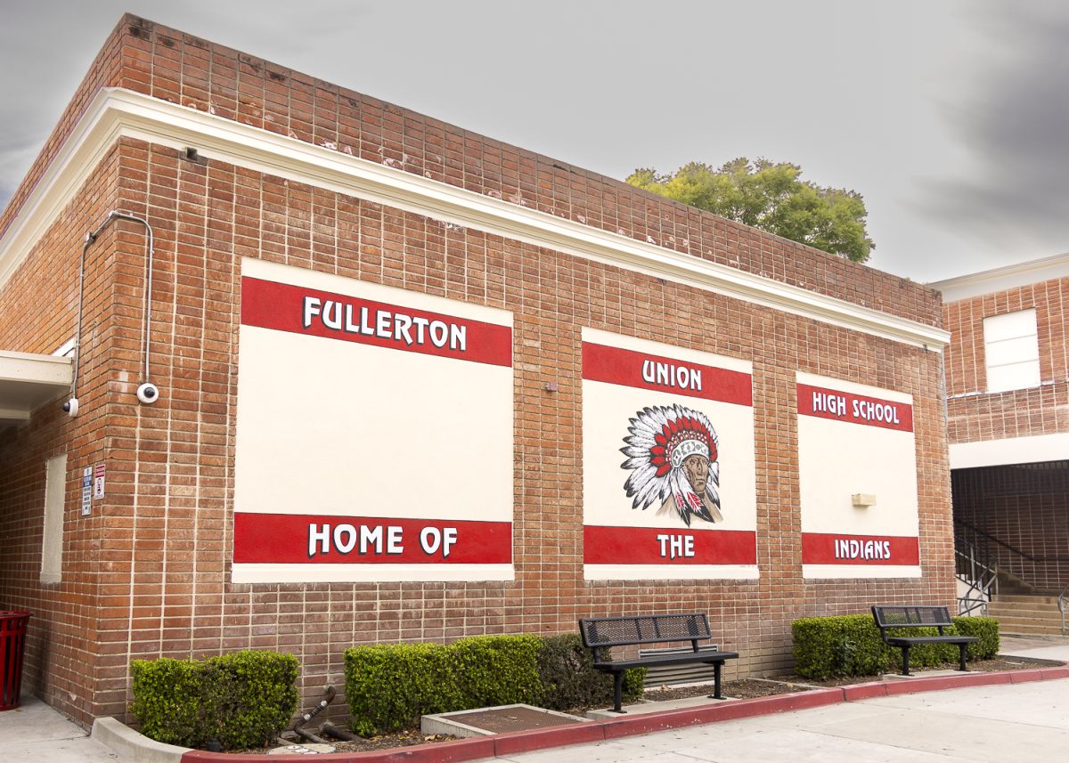 Mural inside of Fullerton Union High with Native-American Indian imagery.