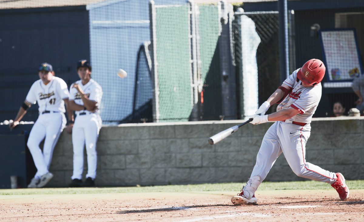 Bakersfield infielder Brady Baird, smashes a two-run home run to right field in the fifth inning against Fullerton, on Feb. 26, 2026, at Hornet Field in Fullerton, Calif.