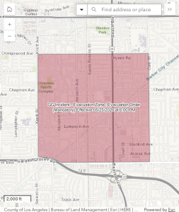 A map from the OCgov website showing the updated evacuation zone surrounding the GKN Aerospace facility in Garden Grove amid an ongoing chemical tank emergency.
