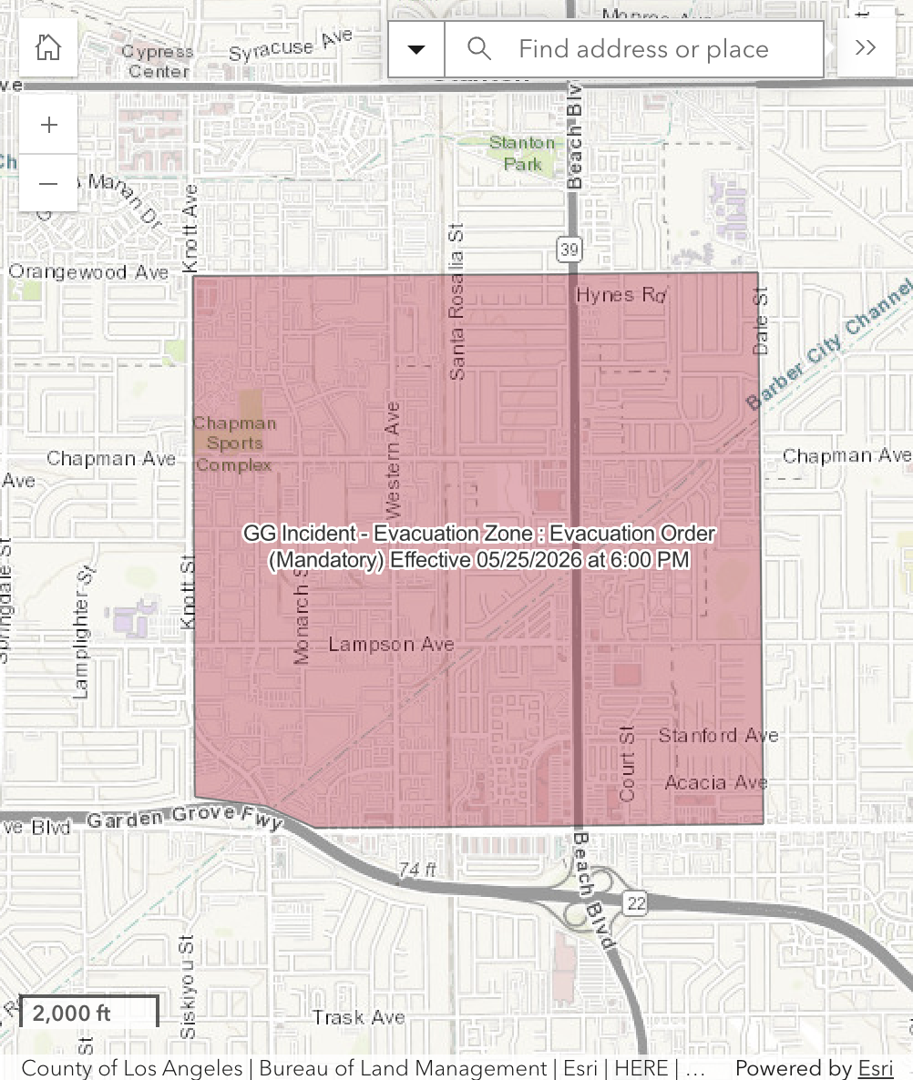 A map from the OCgov website showing the updated evacuation zone surrounding the GKN Aerospace facility in Garden Grove amid an ongoing chemical tank emergency.