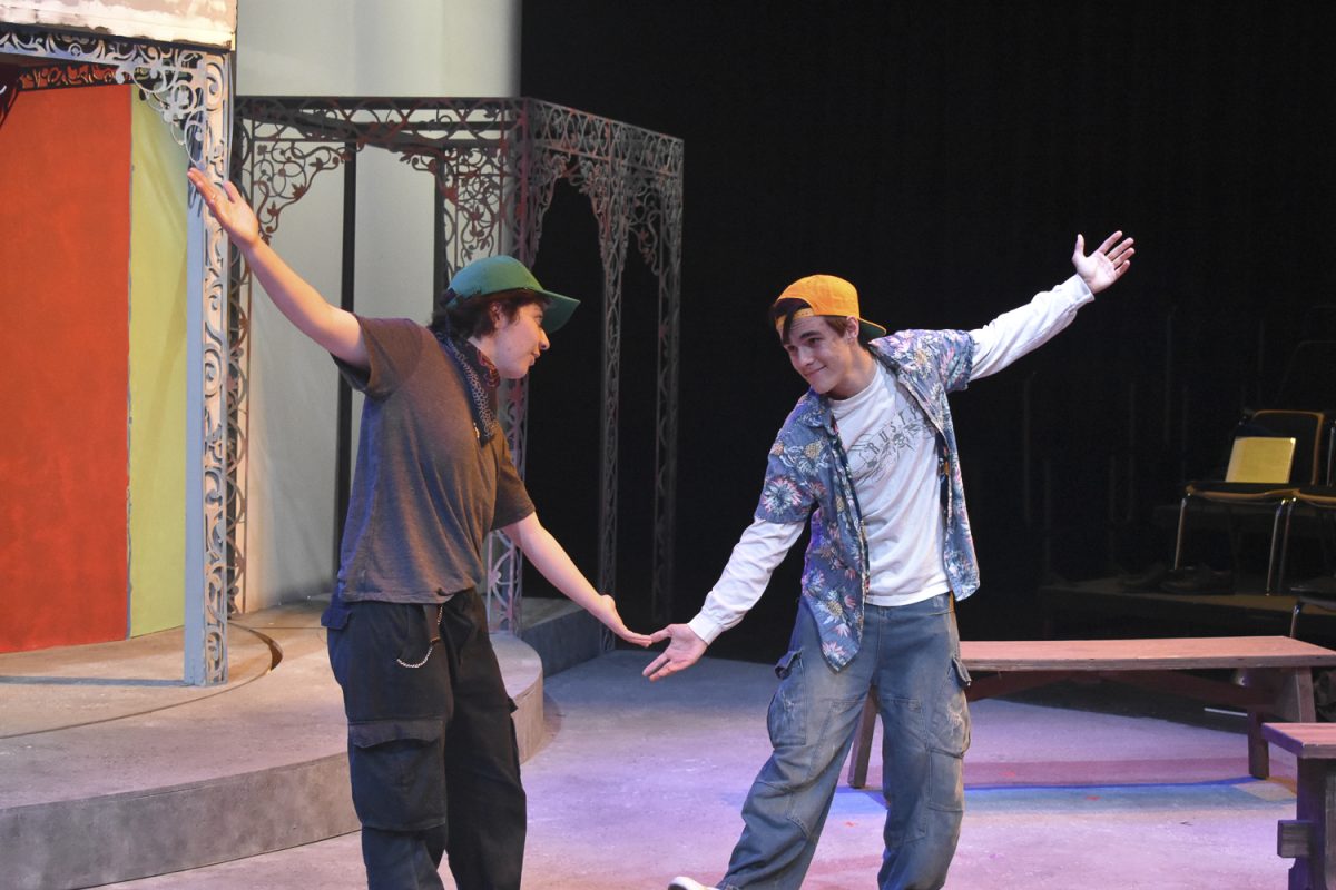 Actors Cassiel Reeves and Jackson Gonzales close out the show as their characters discover they are twins alike at Fullerton College.